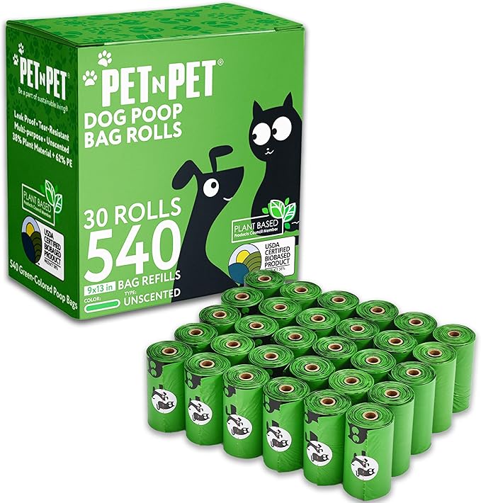 Pet N Pet 540 Counts Green Poop Bags for Dogs, 38% Plant Based & 62% PE Extra Thick Dog Poop Bags Rolls, 9" x 13", Unscented Dog Waste Bag, Pet Supplies for Dogs
