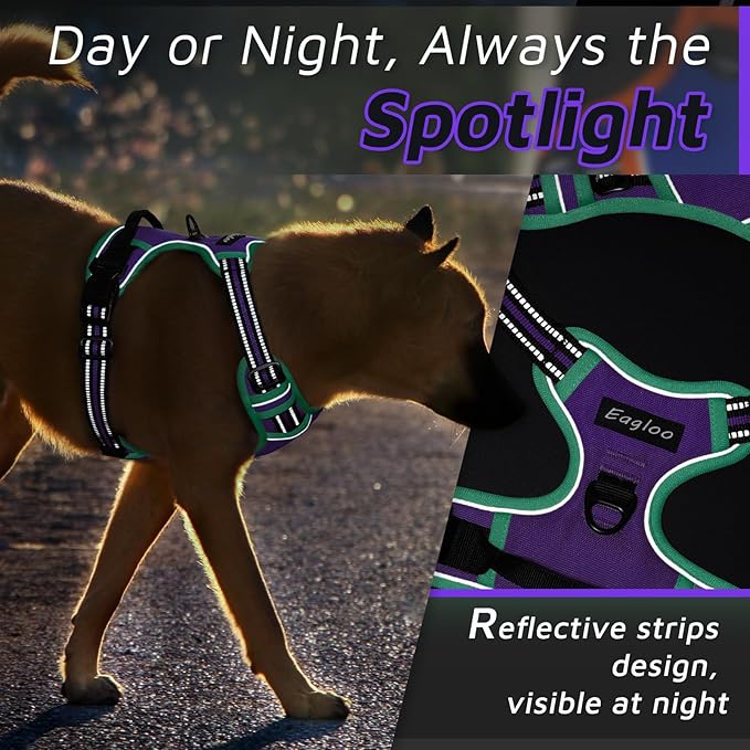 Eagloo Dog Harness for Large Dogs, No Pull Service Vest with Reflective Strips and Control Handle, Adjustable and Comfortable for Walking, No Choke Pet Harness with 2 Metal Rings, Purple & Green, XL