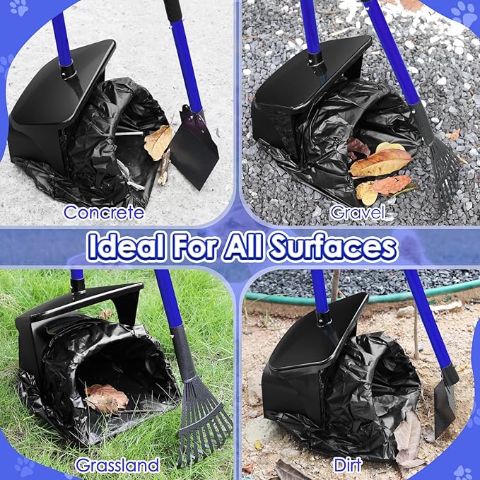 SlowTon Dog Pooper Scooper - 37.4" Long Handle Adjustable Metal Swivel Bin & Rake & Spade Kit with 20 Waste Bags, Portable Pooper Scooper for Gravel Lawn Grass, Suit for Small Medium Large Dog