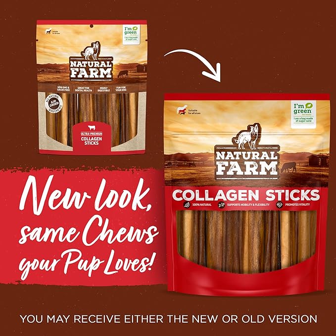 Natural Farm Collagen Dog Chews (3-5”, 10 Units), Odor-Free Long Lasting Bully Sticks & Rawhide Alternative Dog Treats, 95% Collagen Low Fat, High Protein – Small & Medium Dogs