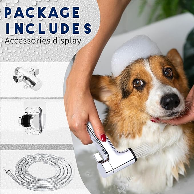 Dog Shower Attachment for Pet Bath,Dog Washing Hose Attachment,Dog Wash Sprayer Kit Includes 2-mode Dog Shower Handheld,118 Inches Stainless Steel Hose,G1/2" Metal Shower Diverter (Sprayer Kit)