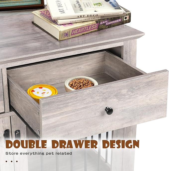 LEMBERI 44 Inch Large Dog Crate Furniture, Wooden Dog Kennel End Table with Storage Drawers, Decorative Pet Cage Dog House Indoor for Dogs