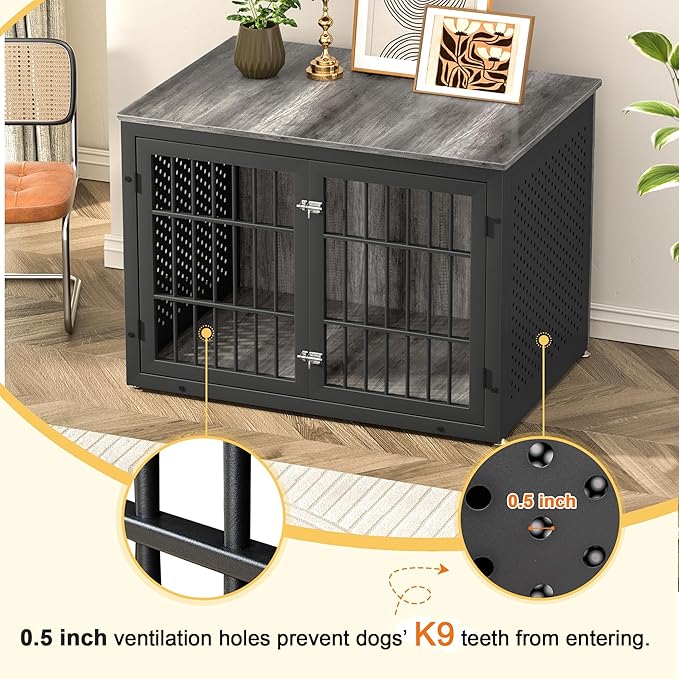 42" Heavy Duty Dog Crate Furniture for Large and Medium Dogs, Enclosed Design Wooden Metal Kennel, Wooden Cage Furniture Indoor, Decorative Dog Kennel End Table