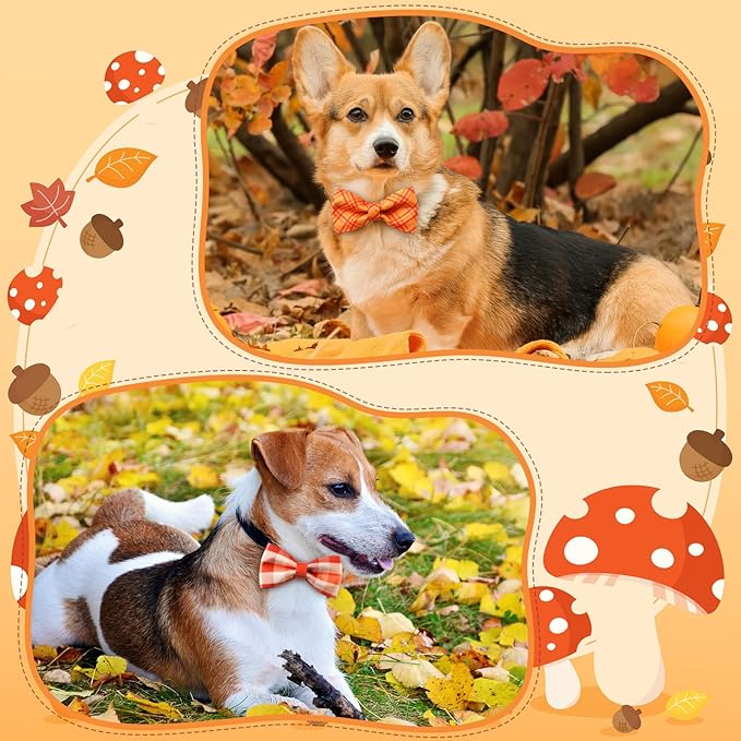 Hillban 50 Pcs Fall Collar Dogs Bow Ties Autumn Plaid Dogs Collar Accessories for Pets Bow Ties Attachment with Elastic Bands Detachable Charms for Doggie Fall Autumn Costume