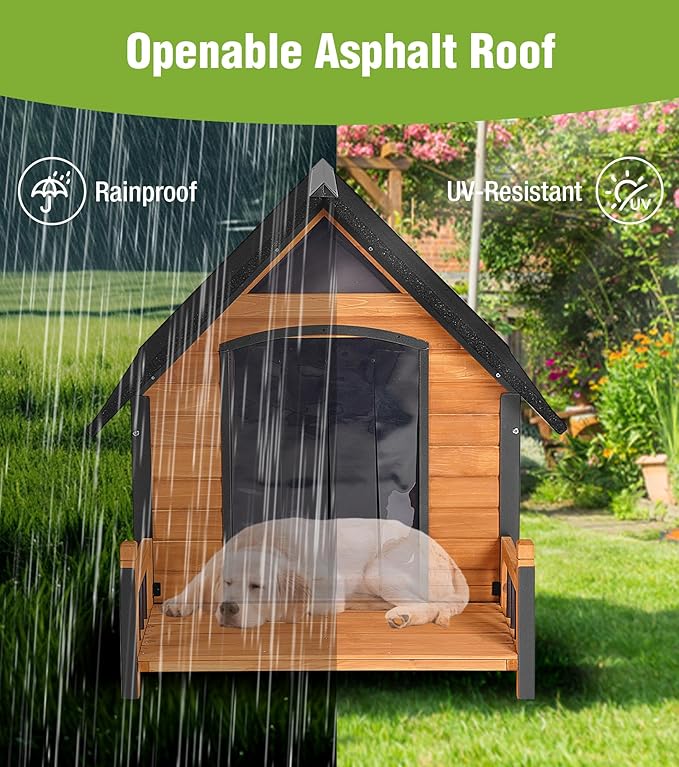 Large Dog House Outdoor Weatherproof with Porch, All-Metal Frame Chew-Proof Dog Kennel with Asphalt Roof, for Small Medium Large Dogs