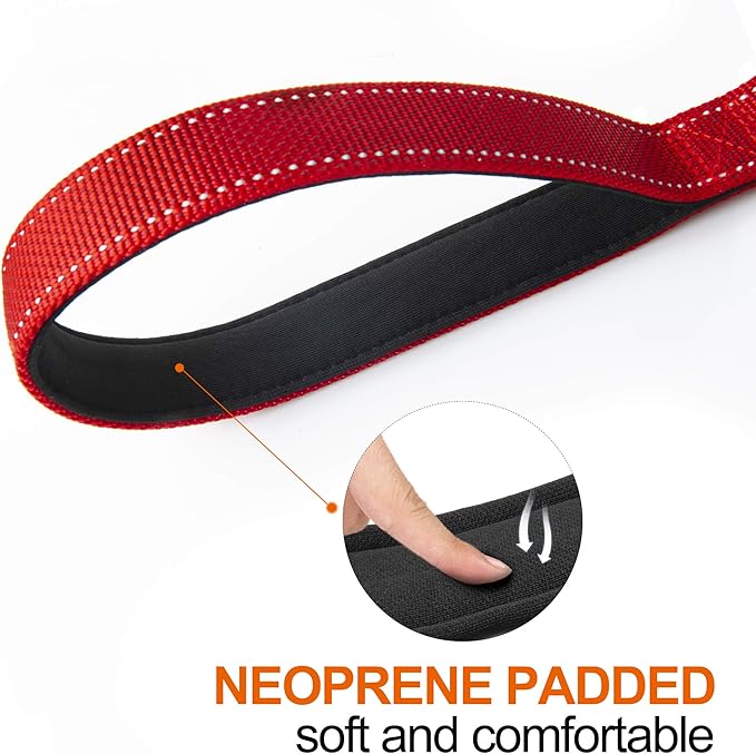 TwoEar 5FT 1IN Strong Red Dog Leash with 2 Padded Handles, Traffic Handle Extra Control, Comfortable Soft Dual Handle, Auto Lock Hook, Reflective Walking Lead for Small Medium and Large Dogs