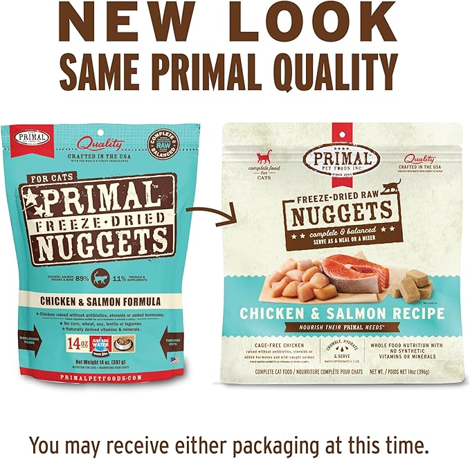 Primal Freeze Dried Raw Cat Food Nuggets Chicken & Salmon, Complete & Balanced Meal or Topper, Premium, Healthy, Grain Free, High Protein Raw Cat Food with Probiotics (14 oz)