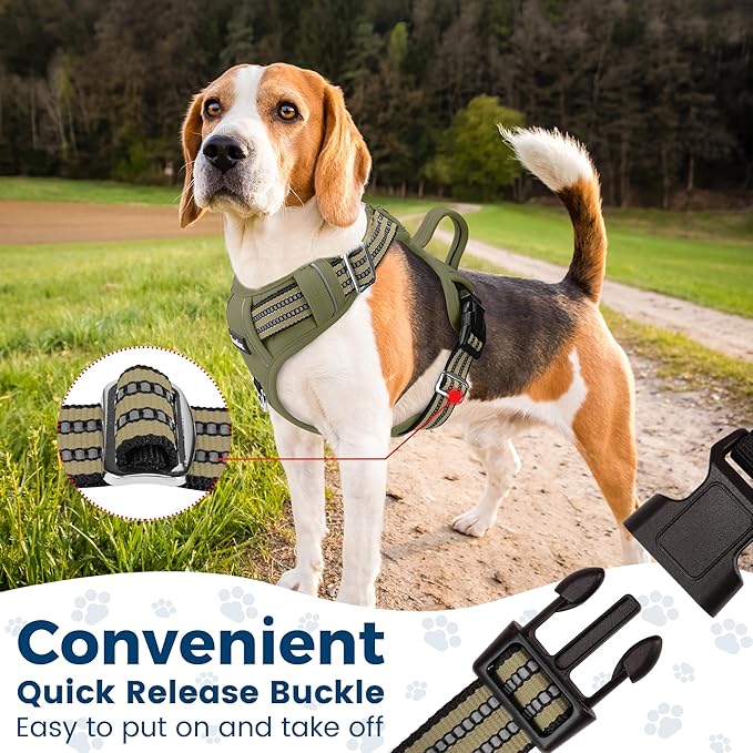 Funfox Dog Harness No Pull, Adjustable Pet Vest Harness, Super Soft Material with Vertical Handle Easy Control, Reflective Night Walking, 2 Leash Clips for Medium Sized Dogs, Army Green, M