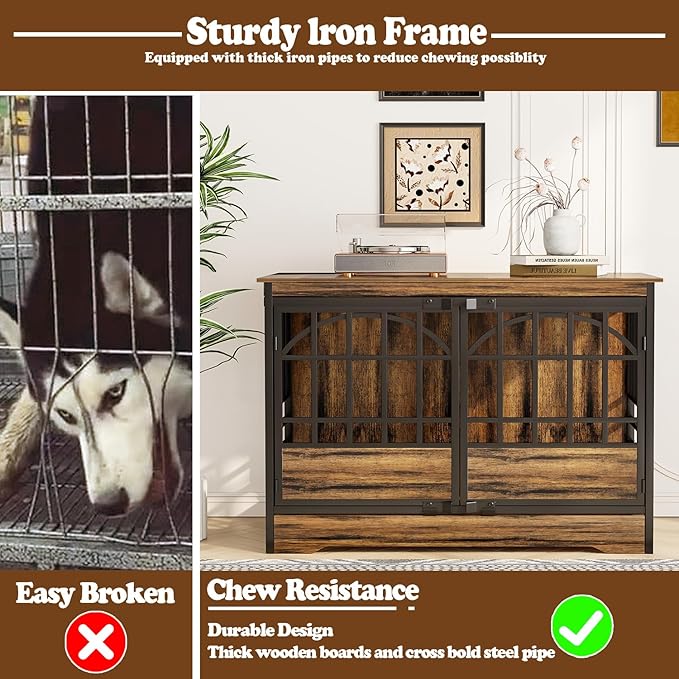 COZPAW 52 Inch Dog Crate Furniture, Extra Large Dog Kennel Indoor for XLarge Breed, Heavy Duty Dog Cage with Double Elegant Arched Doors, Decorate as TV Stand & End Table-Retro Brown