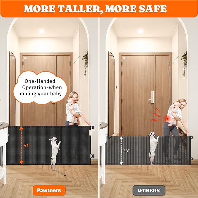Pawtners Retractable Baby Gates Extra Wide, 41" Tall Extends up to 200" Wide, Dog Gate Indoor for Stairs, Pet Gate with Support Rods for Doorways Hallways Garage Indoor & Outdoor-Black