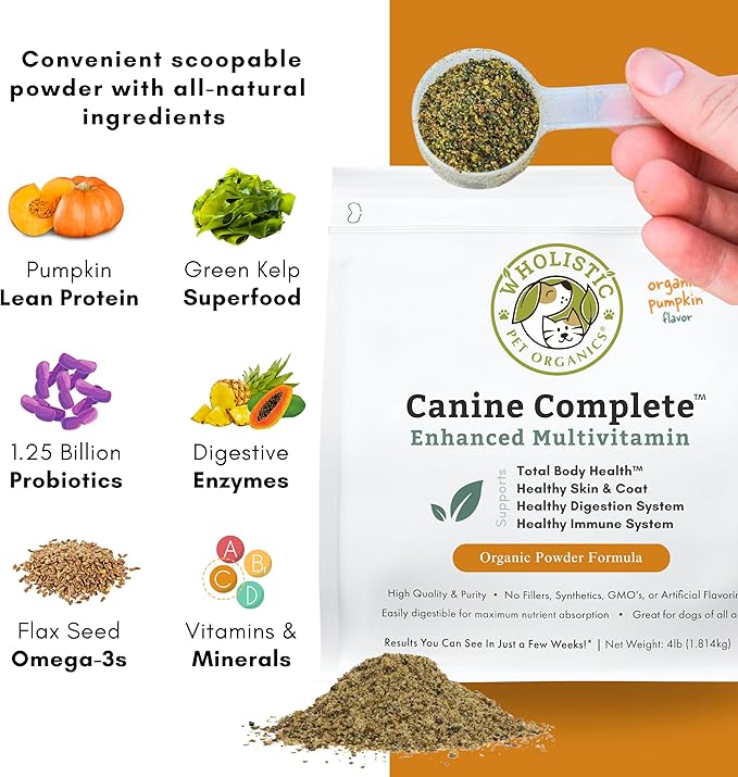 Wholistic Pet Organics Canine Complete - Dog Multivitamin Powder - 4 Lb - Daily Dog Vitamins and Supplements for Homemade Food - Immune System, Skin, Coat & Overall Health - Small and Large Breed