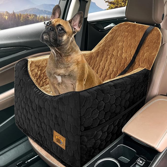 Dog Car Seat for Small/Medium Dogs, Memory Foam Dog Booster Seat, Travel Safety Per Car Seat with Washable Removable Cover, Storage Pockets for Dogs up to 35 lbs(BlackBrown)
