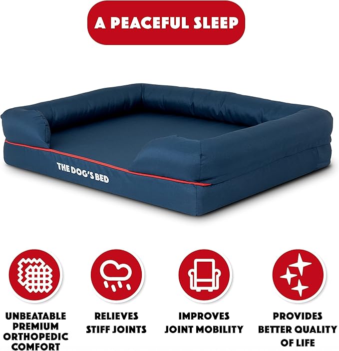 The Dog’s Bed, Medium Blue/Red 30x23.5, Memory Foam, Pain Relief: Arthritis, Hip & Elbow Dysplasia, Post Surgery, Lameness, Supportive, Calming, Waterproof Washable Cover, Veterinary Approved
