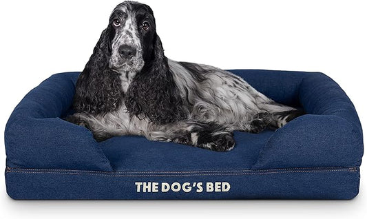 The Dog’s Bed, Med Blue Denim 30x23.5, Memory Foam, Pain Relief: Arthritis, Hip & Elbow Dysplasia, Post Surgery, Lameness, Supportive, Calming, Waterproof Washable Cover, Veterinary Approved