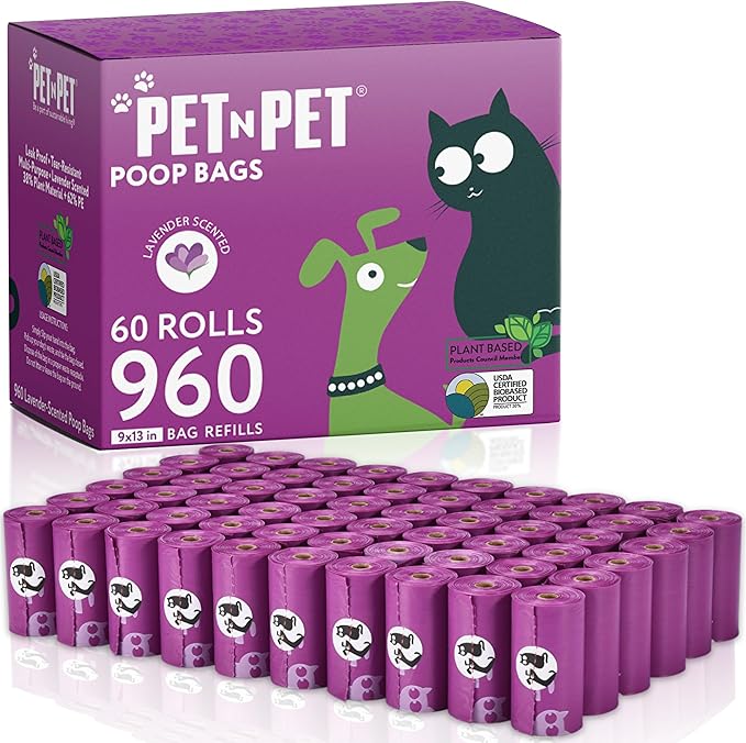 Pet N Pet Poop Bags for Dogs, 960 Counts Lavender Scented Dog Poop Bags Rolls, USDA Certified 38% Plant Based & 62% PE Dogs Waste Bag, Doggie Poo Bag
