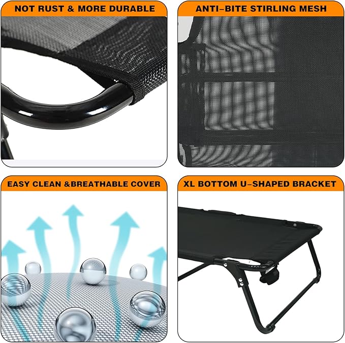 Outdoor Elevated Dog Bed Cooling Raised Dog Cots Black Pet Beds with Breathable Mesh Folding Large Pet Hammock Bed Multiple Sizes for Small Meduim Large Dogs