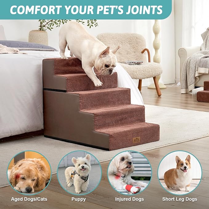 Dog Stairs for Small Dogs, 5 Tier Removable Wider Pet Stairs for Couch and Bed, 23.6" H Non-Slip Dog Steps for Puppies and Old Cats with Support Board, 29.5x19.7x23.6 inch, Brown