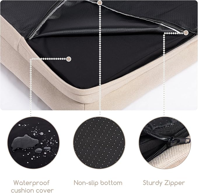 Hollypet Orthopedic Dog Bed for Medium Dogs, Supportive Foam Pet Couch with Removable Washable Cover and Non-Slip Bottom, Waterproof Lining Dog Sofa Bed, Khaki, M (28 * 22.5 * 7.5)