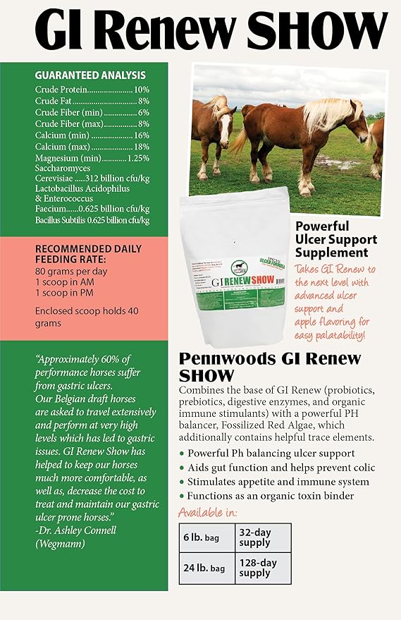 GI Renew Show, Probiotics for Equine, Immune and Appetite Stimulation, Prebiotics, Digestive Enzymes | Horse Supplement Providing Ulcer Relief and Treatment, Organic Toxin Binder, 6 LB Bag