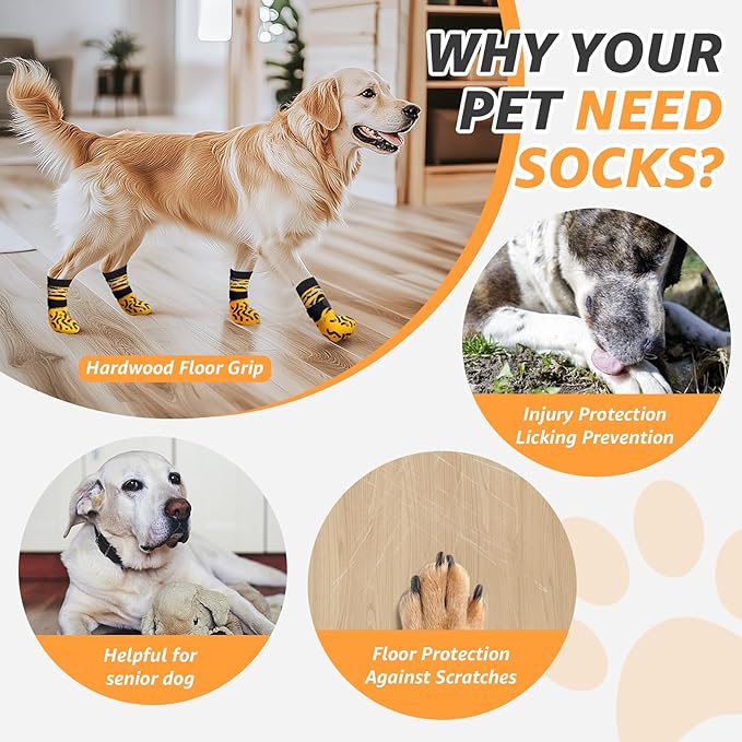 Reflective Dog Socks to Prevent Licking Paws, Dog Paw Protector, Hardwood Floors Anti Slip, Non Slip Dog Socks with Grippers, Dog Booties and Paw Protectors for Indoor Use - Size Large