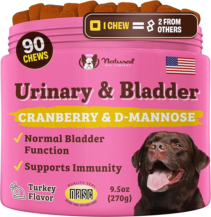Natural Dog Company Cranberry Supplement for Dogs - Urinary & Bladder Support - D-Mannose for Dog Promotes Bladder Health - Turkey Flavor - Dog UTI Incontinence Supplement - 90 Soft Chews