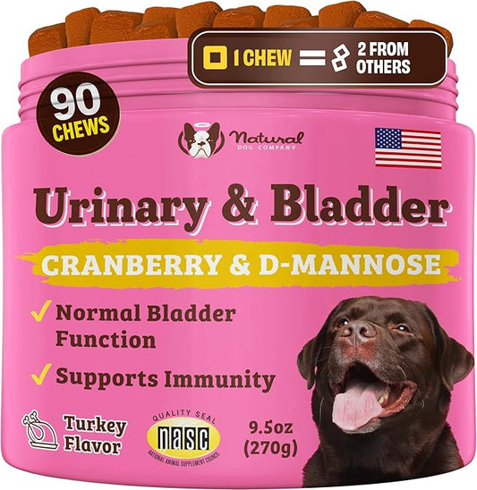 Natural Dog Company Cranberry Supplement for Dogs - Urinary & Bladder Support - D-Mannose for Dog Promotes Bladder Health - Turkey Flavor - Dog UTI Incontinence Supplement - 90 Soft Chews