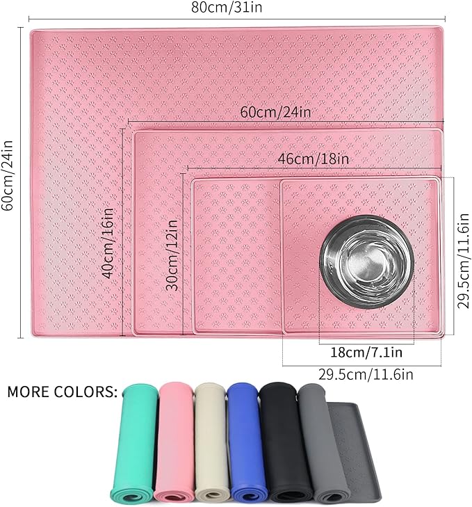 Ptlom Silicone Pet Placemat for Dog and Cat, Waterproof Anti-Slip Pet Feeding Bowl Mats for Food and Water, Small Medium Large Tray Mat Prevent Residues from Spilling to Floor, Pink, 31.5" 23.6"
