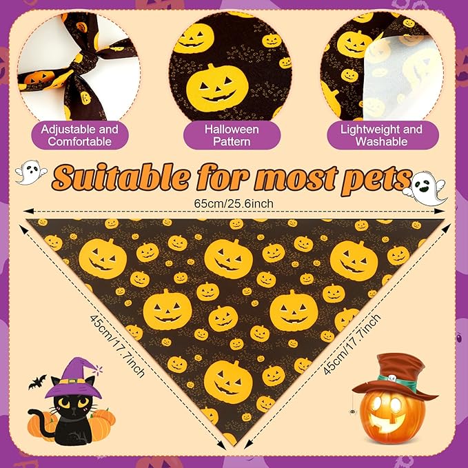 Preboun 200 Pcs Halloween Dog Bandanas Bulk Pumpkin Ghost Bandanas for Dogs Colorful Triangle Kerchief Bibs Scarf Set for Pet Costume Photo Props Accessories Pet Shops Adoption Events, 25 Styles
