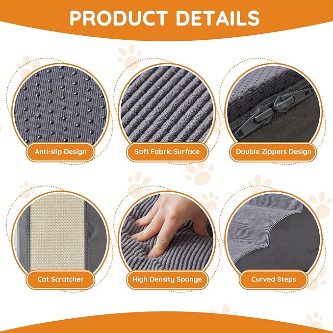 Pet Stairs, Dog Stairs for Small Dogs, Dogs Steps, 3-Step Curved Dog Ramp for Bed, Couch, Sofa, Car and Chairs, Non-Slip Bottom Design, Cat Scratching Board, High Density Foam Portable Pet Step, Grey