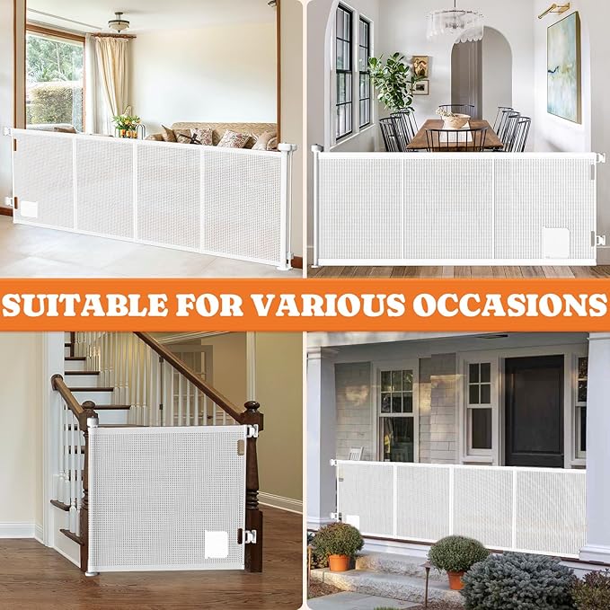 Pawtners Retractable Baby Gates Extra Wide, 41" Tall Extends up to 120" Wide, Dog Gate Indoor with Cat Door for Stairs, Pet Gate with Support Rods for Doorways Hallways Indoor & Outdoor-White