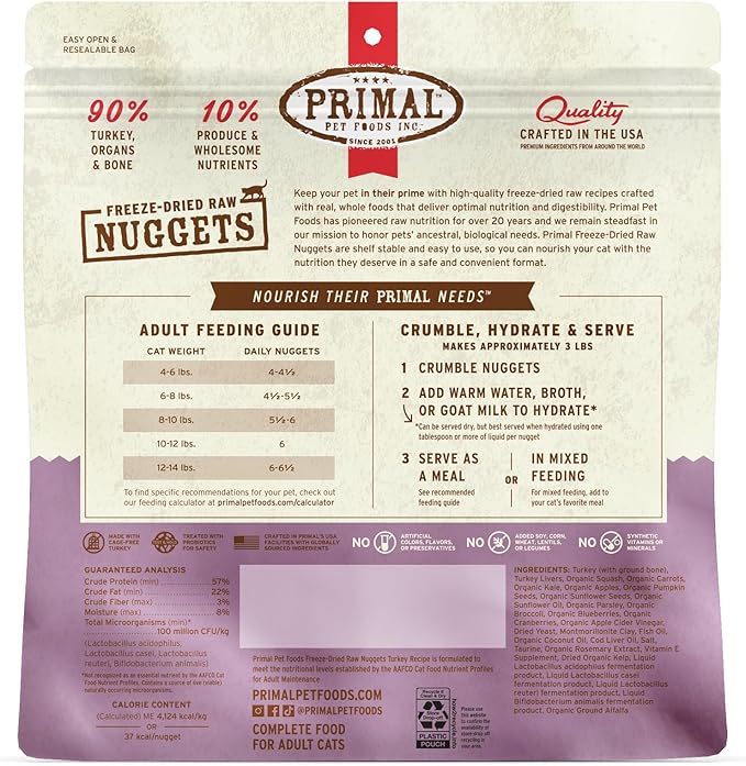 Primal Freeze Dried Raw Cat Food Nuggets Turkey, Complete & Balanced Meal or Topper, Premium, Healthy, Grain Free, High Protein Raw Cat Food with Probiotics (14 oz)