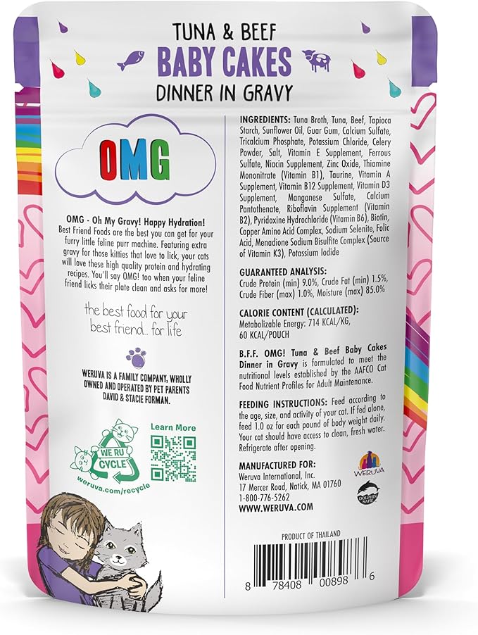Weruva B.F.OMG - Best Feline Friend Oh My Gravy!, Tuna & Beef Baby Cakes with Tuna & Beef in Gravy Cat Food, 3oz Pouch (Pack of 12), Purple (0152)