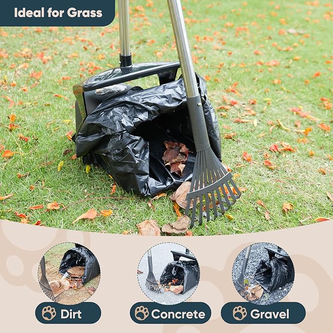 Stainless Steel Dog Pooper Scooper,40" Long Handle Swivel Bin and Rake,20 Waste Bags - Heavy Duty Portable Metal Poop Scooper for Large,Medium and Small Dogs