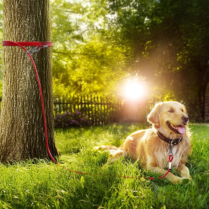 Tresbro 25FT Red Reflective Tie Out Cable for Dogs Up to 125 Pounds, Steel Wire Lead Leash with Stainless Rotatable Buckle, Lightweight and Enduring, Dog Chains Outside for Outdoor,Yard,Camping