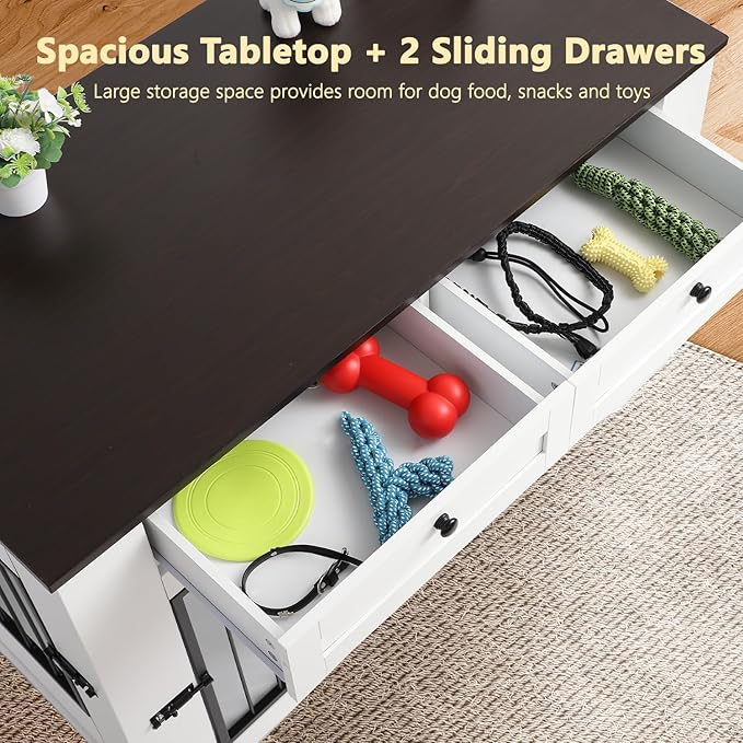 Large Dog Crate Furniture-Decorative Heavy Duty Dog Cage Indoor, Wooden Dog Cage End Table with Charging Station, Dog House with 2 Drawers (White, 47.2''L)