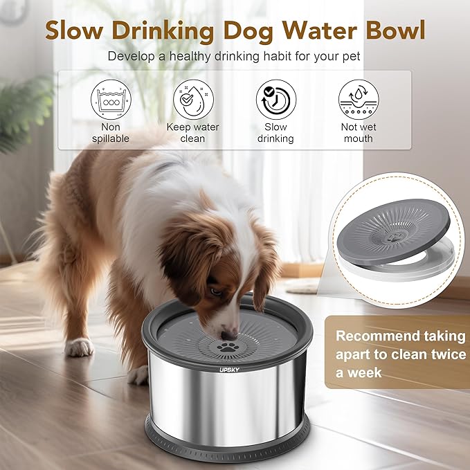 UPSKY 4.5L Dog Water Bowl,Large Capacity No Spill Dog Water Bowl,Stainless Steel Spill Proof Slow Water Feeder,No Splash Water Bowl with Anti-Slip Mat for Messy Drinkers Grey