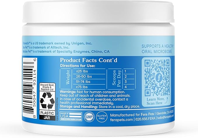 Fera Pets Cat & Dog Dental Support Powder - Supports Fresh Breath - Promotes Healthy Teeth and Gums - Targets Tartar Build-Up - Includes Kelp, Enzymes & Postbiotics - 60 Scoops