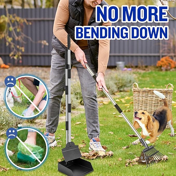 Dog Pooper Scooper, Tray Rake and Spade 3 Pack Poop Scoop Adjustable Long Handle Metal with Bin for Pet Waste Removal, No Bending Clean Up for Large and Small Dogs