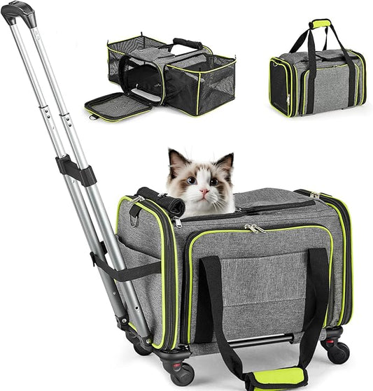 Pet Carrier with Wheels for Cat and Small Dog, Expandable Airline Approved Pet Carrier for Animal Under 15 lbs, Rolling Cats Puppy Carriers Travel Bag for Traveling and Camping