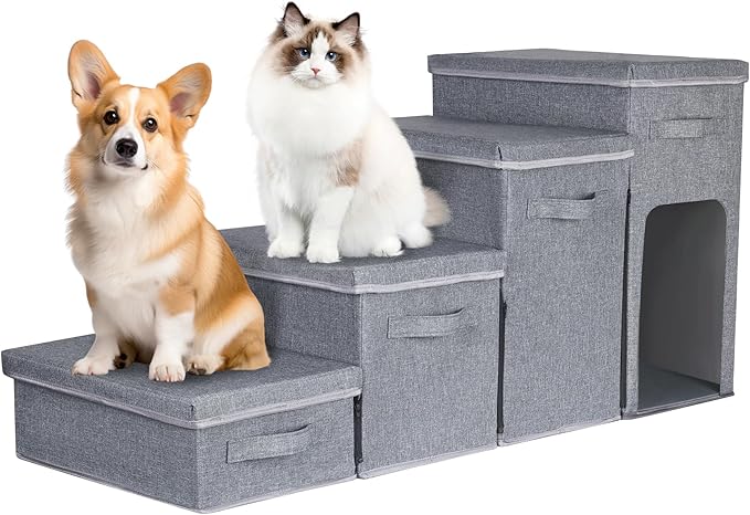 Dog Stairs with Storage, Folding Pet Steps with Zip for Small Dogs and Cats, 4-Step Pet Stairs with Pet House for High Bed, Couch and Car Ramp (Gray, 4 Steps with Condo)