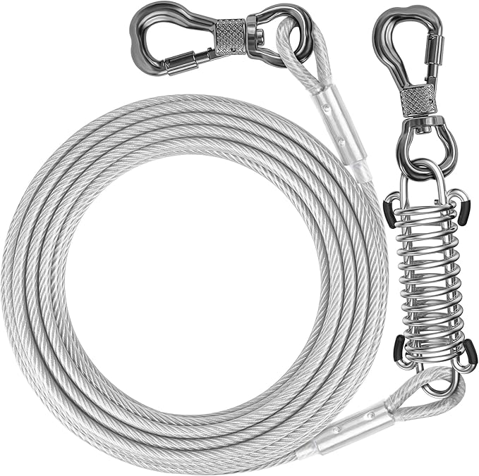 Tresbro 15 FT Dog Tie Out Cable with Spring, Shock Absorbing Tether Chains for Outside Aavilable in 10/15/20/25/30/40/50/70/100/120 FT, Heavy Duty Leads for Yard for Medium & Large Dogs Up to 500 LBS