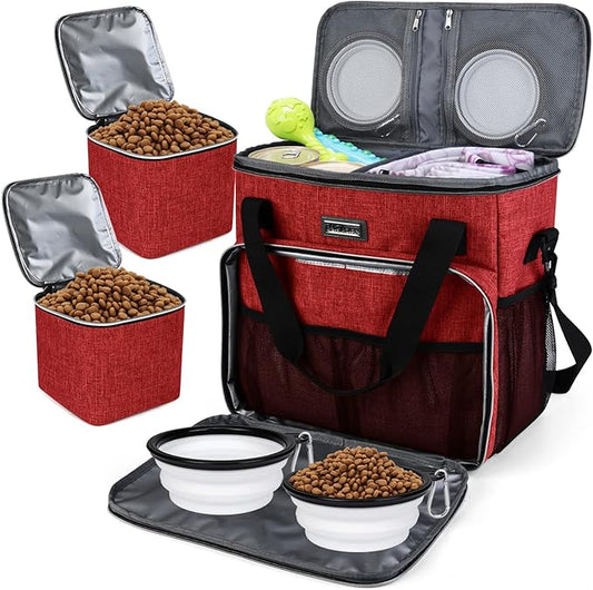 BAGLHER Dog Travel Bag, Pet Travel Bag (ALL Pet Travel Supplies), With 2 Pet Food Containers and 2 Collapsible Silicone Bowls; Essential Kits for Pet Travel Red