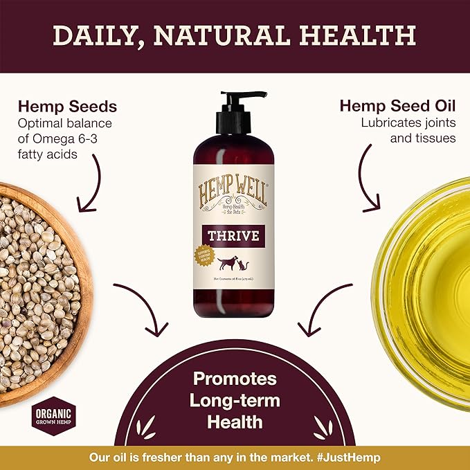 Hemp Well Thrive Oil for Dogs and Cats – Supports Hip, Joint, and Heart Health, Promotes Immune System, and Promotes Healthy Skin from Seasonal Allergies, Organically Sourced - 8 Ounces