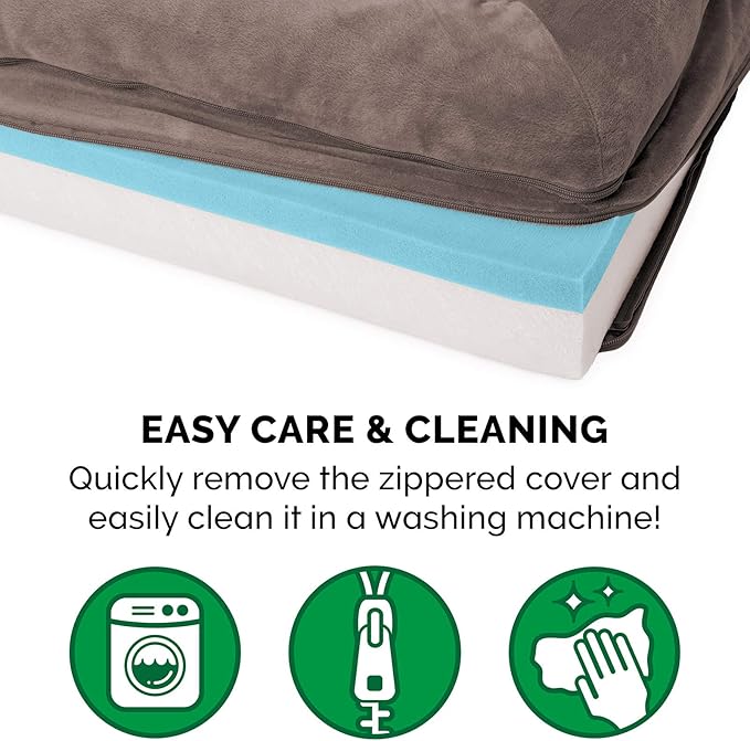 Furhaven Cooling Gel Dog Bed for Large Dogs w/ Removable Bolsters & Washable Cover, For Dogs Up to 125 lbs - Faux Fur & Velvet Sofa - Driftwood Brown, Jumbo Plus/XXL