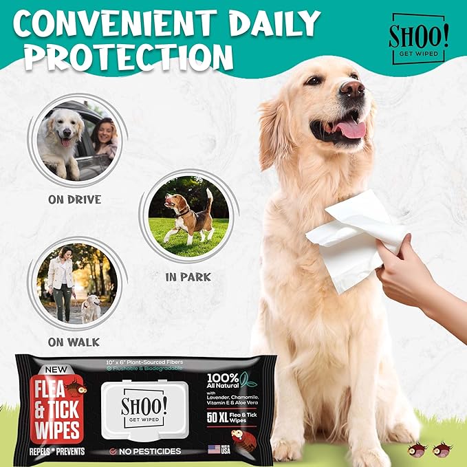 Shoo! Flea & Tick Wipes for Dogs | Convenient, Easy On-The-Go Protection | Plant Based, Natural Oils, Chemical Free | Repels & Prevents | 50 XL Wipes (2 Pack) | Original -Lavender