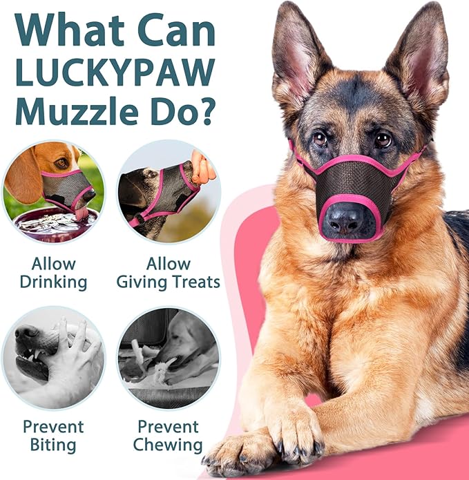 LUCKYPAW Dog Muzzle, Mesh Muzzle for Large Medium Small Dogs, Soft Mouth Guard for Biting Chewing, Breathable Mouth Guard with Adjustable Strap for Training(Hot Pink, L(Snout:9.75"-11"))