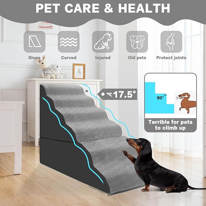 Dog Stairs for High Beds 30-36 inches Tall, 6-Step Dog Steps for Bed 32-36 inches for Small Large Dogs, Dog Ramp for Bed, 30D Foam Pet Stairs/Steps for High Beds for Old Dogs/Cats, Grey