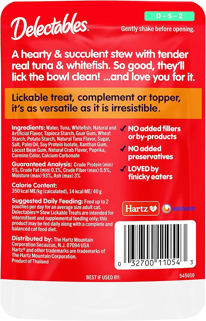 Hartz Delectables Stew Lickable Wet Cat Treats for Adult & Senior Cats, Tuna & Whitefish, 12 Count