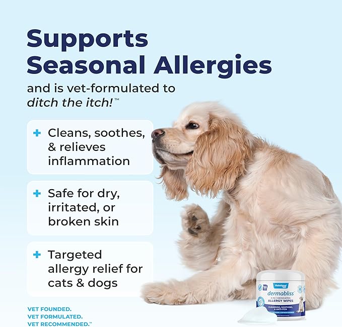 Vetnique Dermabliss 3-in-1 Medicated Dog Wipes - Relief for Itchy Skin, Allergies & Odor Control, Gentle No-Sting Formula, Antihistamine & Hydrocortisone Paw Wipes for Dogs & Cats 50 Count