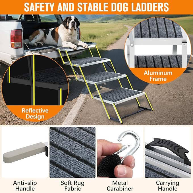 Reflective 20" Wide Dog Car Ramp, 4-Step Aluminum Stairs with Non-Slip Carpet - Foldable Design for Trucks/SUVs/Beds - Heavy Duty 200Lbs Capacity for Large Breeds